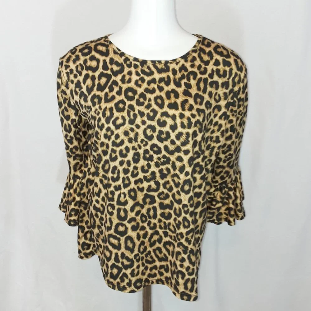 C & C California Y2K Animal Print Long Flared Ruffle Long Sleeve Top L - Picture 2 of 7